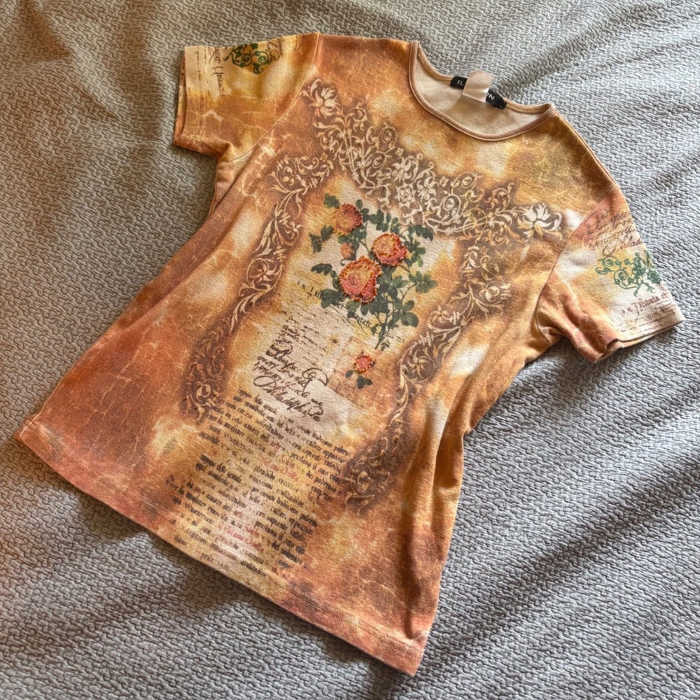 Illusion Womens Orange Tie Dye Beaded Rose Graphic T-Shirt Small Made in USA